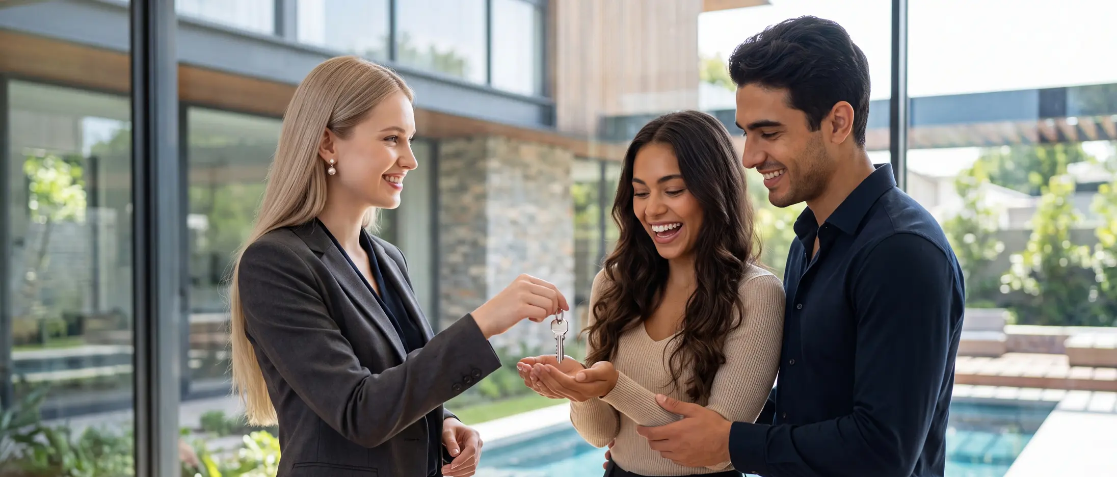 smiling-real-estate-agent-gray-blazer-giving-keys-young-couple 1